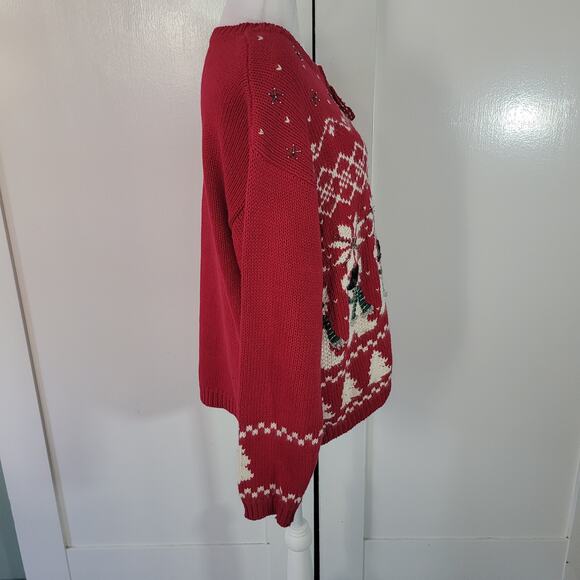 Croft & Barrow Size L Vintage Red Ugly Christmas Full Zip Cardigan Snowmen - Picture 4 of 10